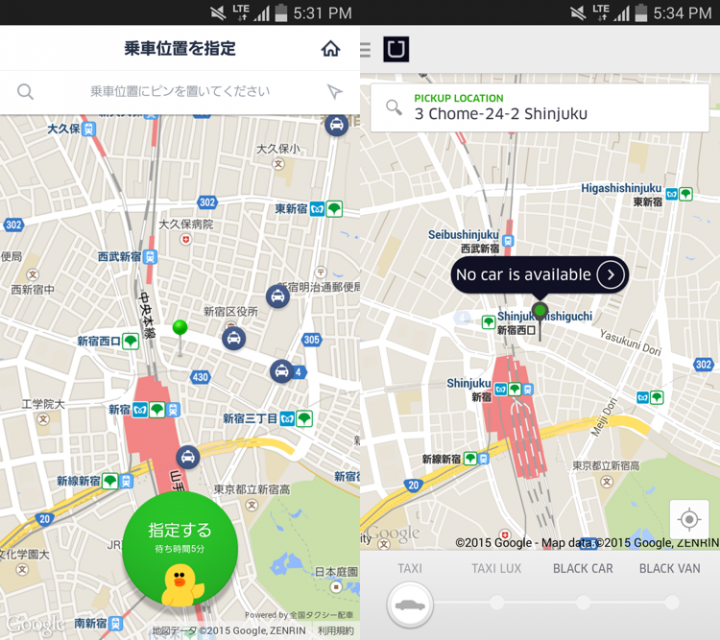 On its first day, Line Taxi was showing better taxi coverage than Uber Taxi