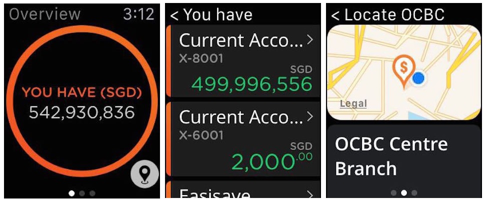 OCBC Apple Watch app screenshots